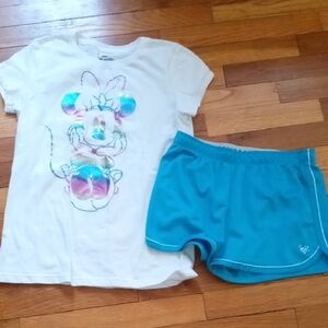 girl XL Justice sport shorts and Minnie Mouse tee